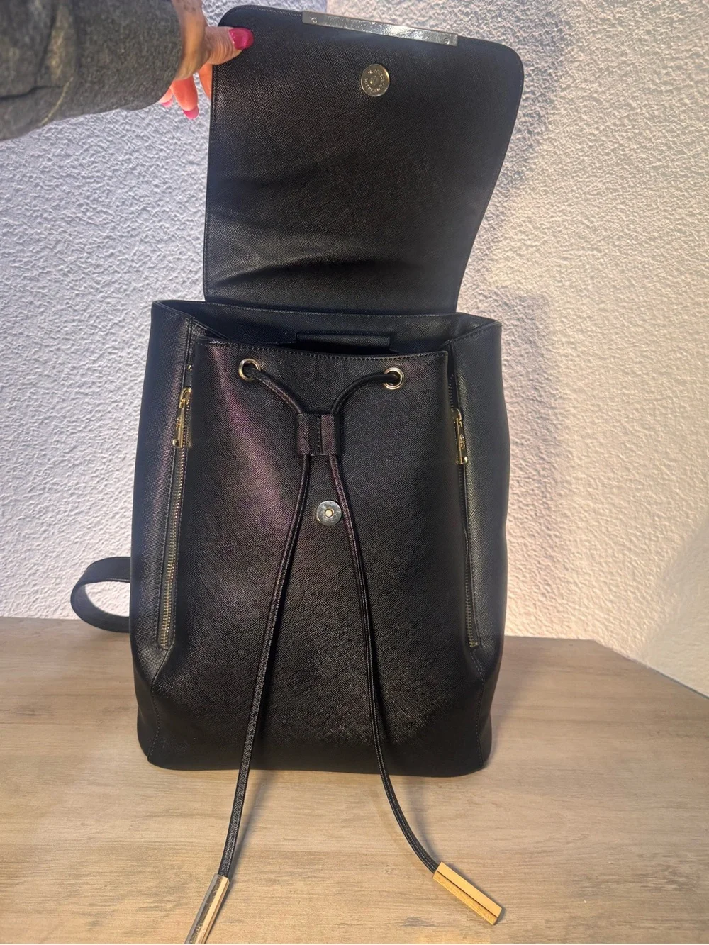 COOFIT Black Saffiano Vegan Leather Backpack Gold Hardware EUC